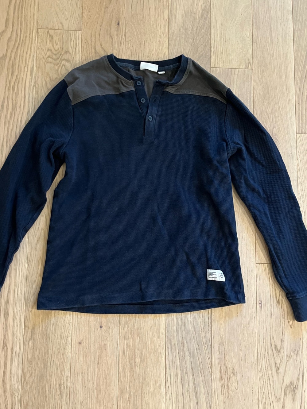 Frank and Oak Organic Cotton Waffle Henley Navy and Grey Colorblock Medium